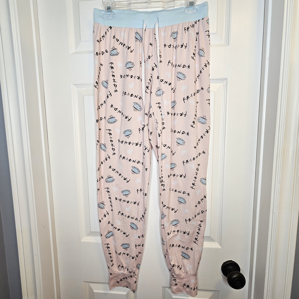 FRIENDS Women's Loung Pants Size S Pink Blue Logo Coffee Cup Graphic